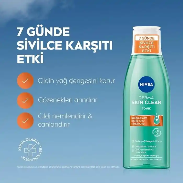 NIVEA Derma Skin Clear Sivilce Karşıtı Tonik 200ml,Gözenek Arındırıcı,Cildin Yağ Dengesini Korur,Nemlendirir,Salisilik Asit (BHA) Deniz Tuzu, Niasinamid,Sivilceye Eğilimli Ciltler