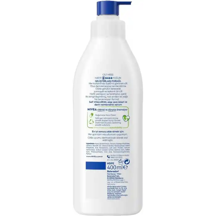 NIVEA Vücut Losyonu Aloe Vera 400 ml, Normal ve Kuru Ciltler için,72 Saat Nemlendirici,Hyaluron,Aloe Vera,Yenileyici Bakım