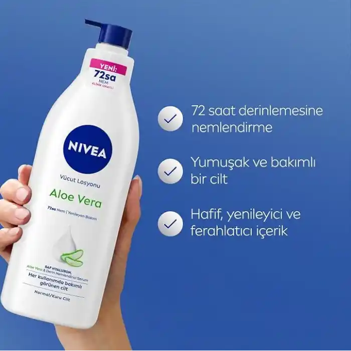 NIVEA Vücut Losyonu Aloe Vera 400 ml, Normal ve Kuru Ciltler için,72 Saat Nemlendirici,Hyaluron,Aloe Vera,Yenileyici Bakım