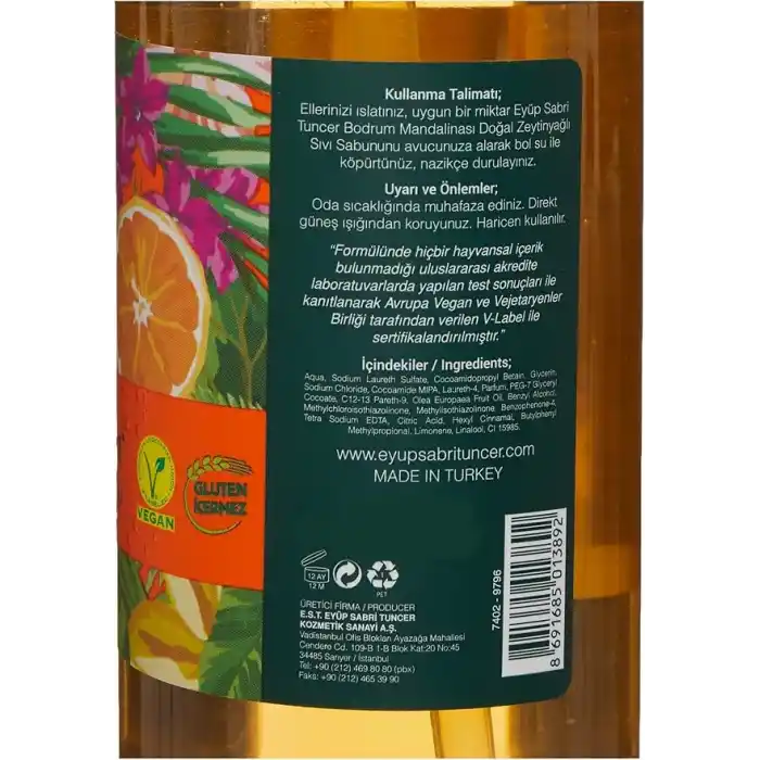Eyüp Sabri Tuncer Doğal Zeytinyağlı Sıvı Sabun Bodrum Mandalinasi Pet Şişe (500 ml)