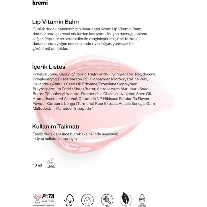 Kremi Peach Nourishing Lip Vitamin Balm 13 ml