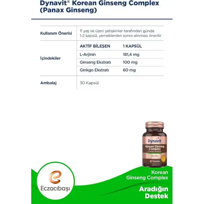 Dynavit Korean Ginseng Complex (Panax Ginseng) 30 Bitkisel Kapsül - Panax Ginseng, Ginkgo Biloba, L-Arjinin