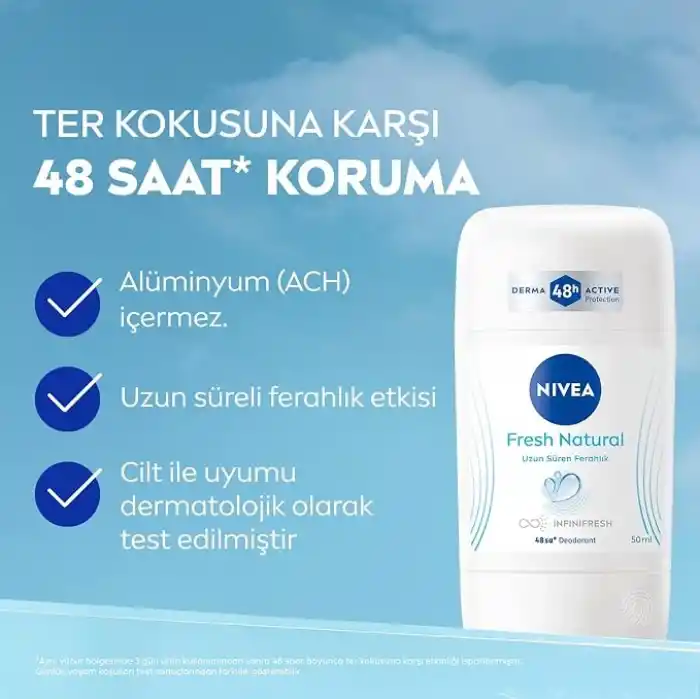 NIVEA Kadın Stick Deodorant Fresh Natural 50ml, Ter Kokusuna Karşı 48 Saat Koruma, Uzun Süren Ferahlık