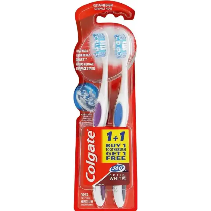 Colgate 360 Optik Beyaz Dil ve Yanak Temizleyicili Orta Beyazlatıcı Diş Fırçası 1+1