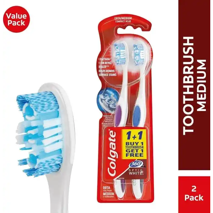 Colgate 360 Optik Beyaz Dil ve Yanak Temizleyicili Orta Beyazlatıcı Diş Fırçası 1+1
