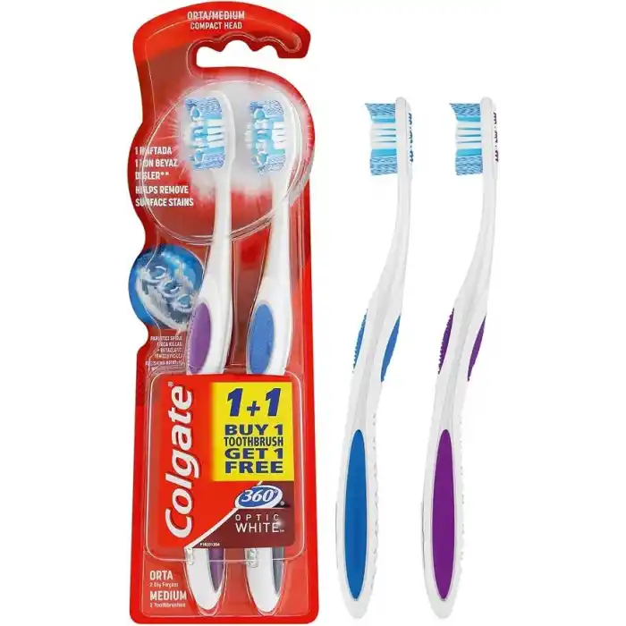 Colgate 360 Optik Beyaz Dil ve Yanak Temizleyicili Orta Beyazlatıcı Diş Fırçası 1+1