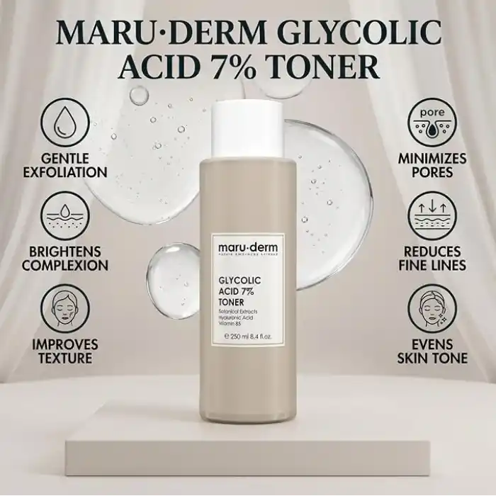 Maruderm Glikolik Asit%7 Aydınlatıcı ve Leke Görünümü Karşıtı Tonik – Meyan Kökü & Hyaluronik Asit ile Pürüzsüzleştirici Peeling Tonik, 250 ML