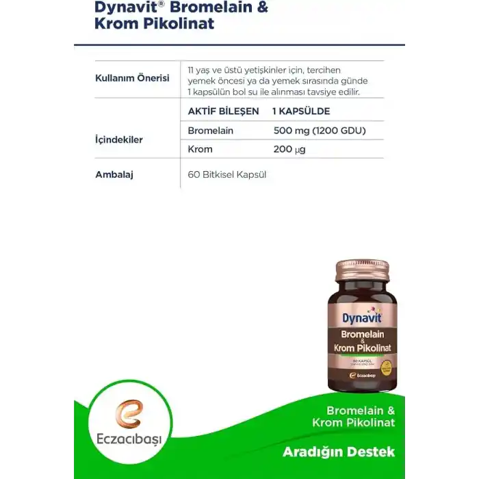 Dynavit Bromelain (Ananas Ekstresi)&Krom Pikolinat 60 Bitkisel Kapsül - Ödem Atımı&Diyetisyen Önerisi - 500 mg (1200 GDU) Bromelain&200 mcg Krom