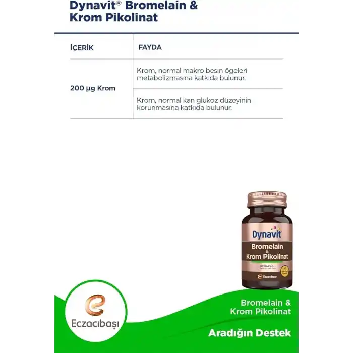 Dynavit Bromelain (Ananas Ekstresi)&Krom Pikolinat 60 Bitkisel Kapsül - Ödem Atımı&Diyetisyen Önerisi - 500 mg (1200 GDU) Bromelain&200 mcg Krom