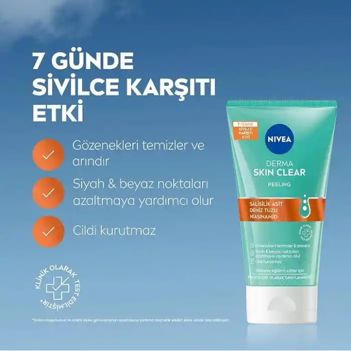 NIVEA Derma Skin Clear Sivilce Karşıtı Yüz Temizleyici Peeling 150ml, Gözenek Arındırıcı,Siyah Nokta Azaltır,Salisilik Asit,Deniz Tuzu, Niasinamid