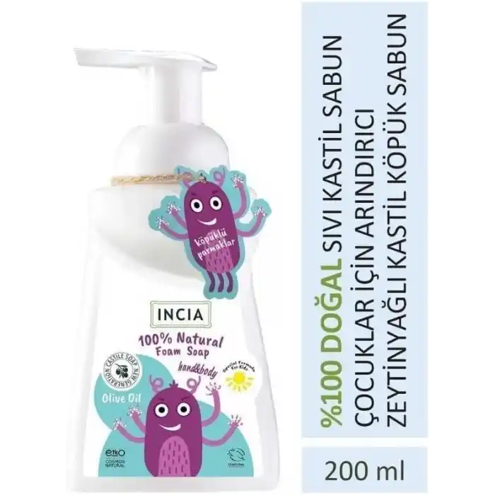 INCIA%100 Doğal Köpük Kastil Sabunu Çocuklar İçin Zeytinyağlı 10 Bitkisel Değerli Yağ Vegan 200 ml
