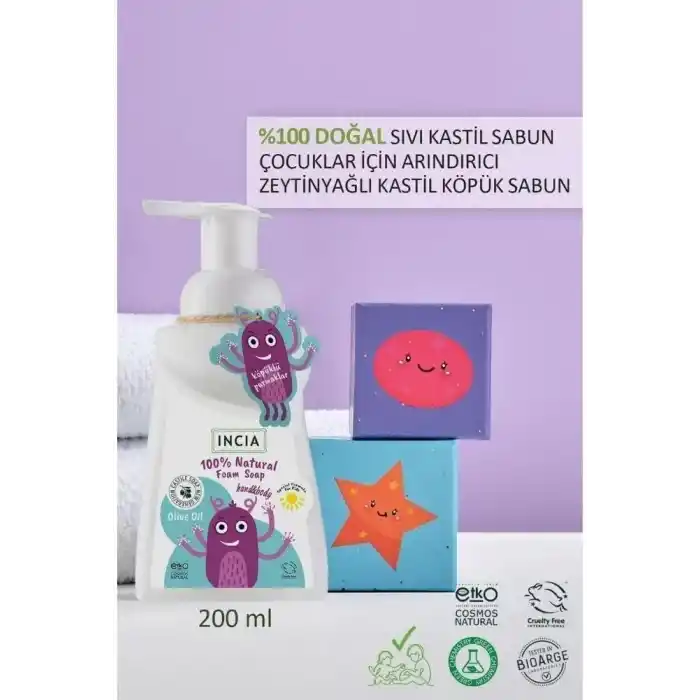INCIA%100 Doğal Köpük Kastil Sabunu Çocuklar İçin Zeytinyağlı 10 Bitkisel Değerli Yağ Vegan 200 ml