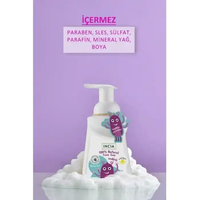 INCIA%100 Doğal Köpük Kastil Sabunu Çocuklar İçin Zeytinyağlı 10 Bitkisel Değerli Yağ Vegan 200 ml