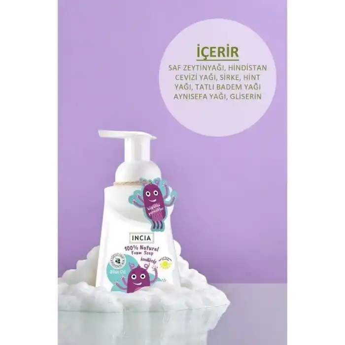 INCIA%100 Doğal Köpük Kastil Sabunu Çocuklar İçin Zeytinyağlı 10 Bitkisel Değerli Yağ Vegan 200 ml