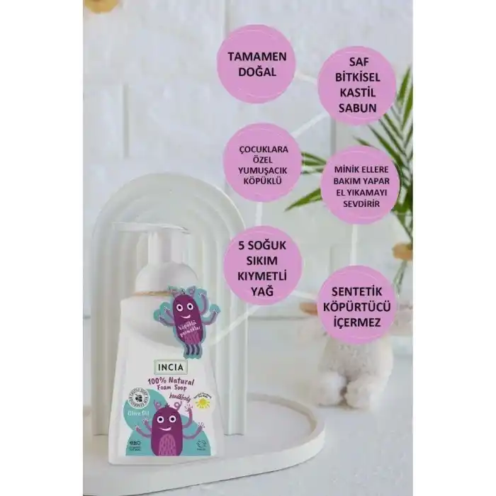 INCIA%100 Doğal Köpük Kastil Sabunu Çocuklar İçin Zeytinyağlı 10 Bitkisel Değerli Yağ Vegan 200 ml