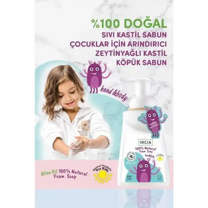INCIA%100 Doğal Köpük Kastil Sabunu Çocuklar İçin Zeytinyağlı 10 Bitkisel Değerli Yağ Vegan 200 ml