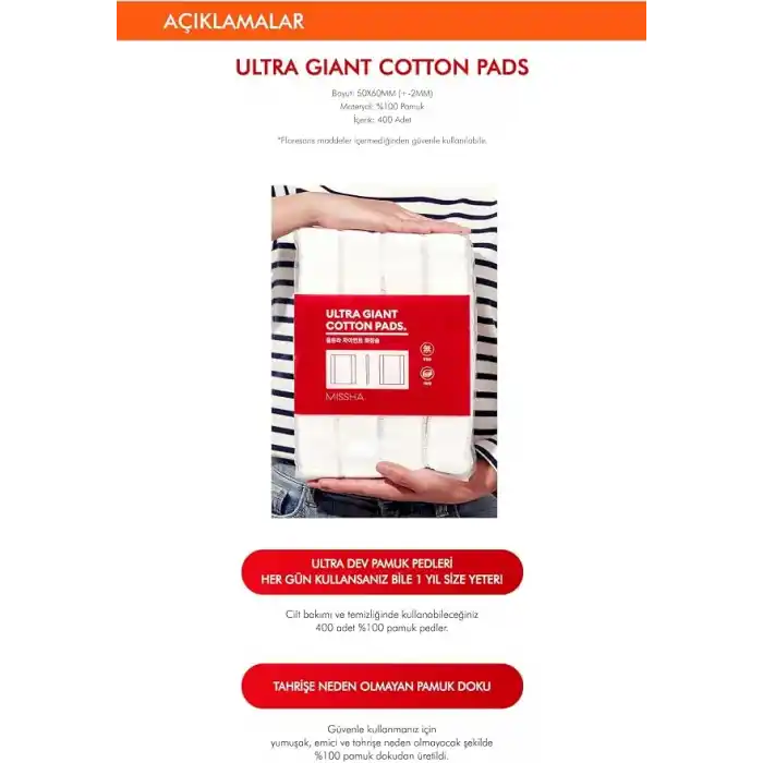 MISSHA% 100 Pamuk Makyaj Temizleme Pedi Ultra Giant Cotton Pads 400 Adet