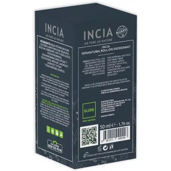 INCIA%100 Doğal Roll On Deodorant Erkekler İçin Ter Kokusu Önleyici Leke Yapmayan 50 ml