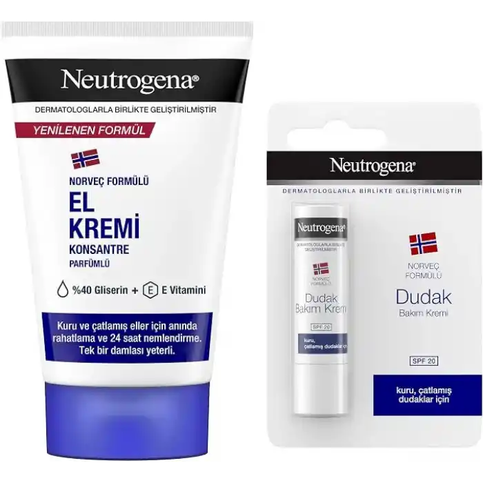 Neutrogena Parfümlü El Kremi 75 ml + Dudak Kremi SPF 20 (4,8 g) — Parfümlü Onarıcı El Kremi — Kuru Dudaklar için Nemlendirici Balm