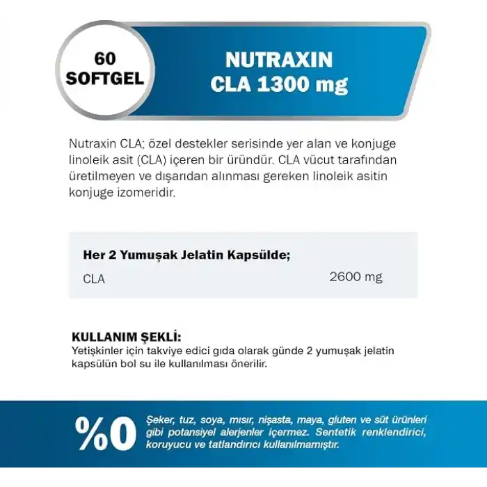 Nutraxin Tonalin CLA 1300 mg | Konjuge Linoleik Asit | Kas Kütlesi Koruyucu | 60 Yumuşak Kapsül