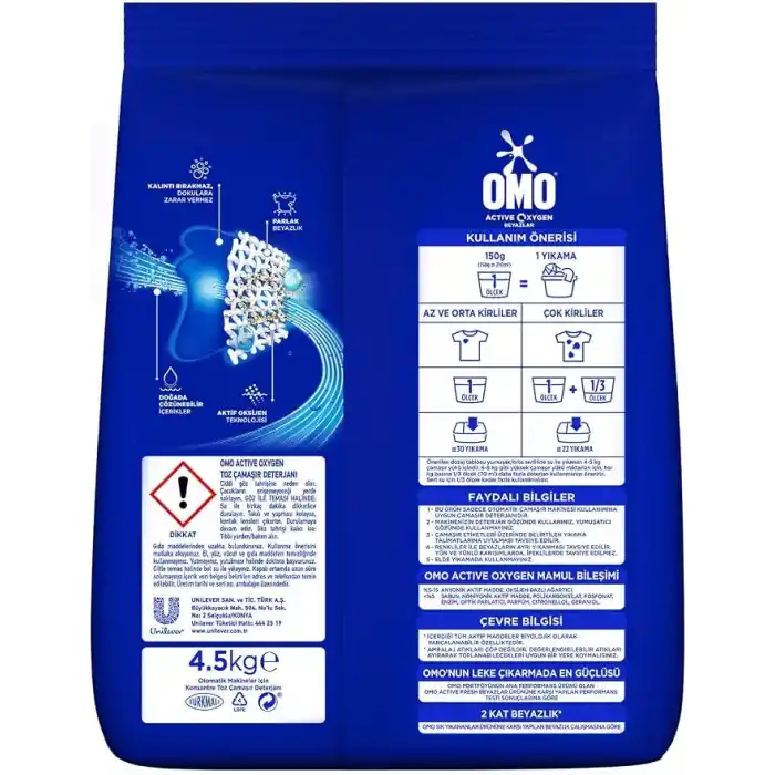 Omo Active Oxygen Toz Çamaşır Deterjanı Beyazlar için, 4.5 Kg