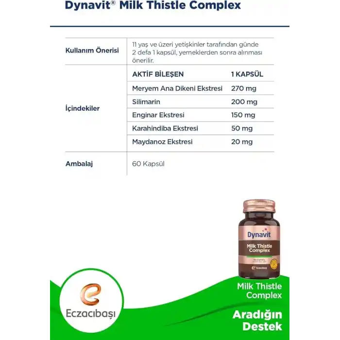 Dynavit Milk Thistle Complex 60 Kapsül - Deve Dikeni Tohum, Silimarin, Enginar, Karahindiba, Maydanoz