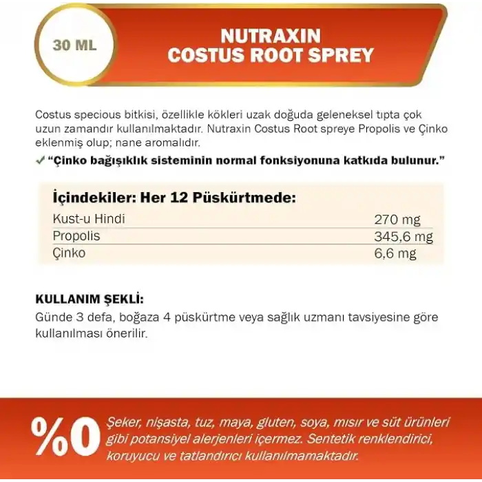 Nutraxin Costus Root Spray 30 mL Vitamin Takviyesi