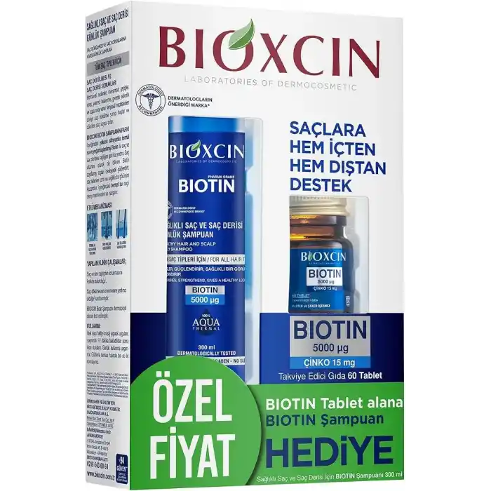Bioxcin Biotin Saç Bakım Seti – Dökülme Karşıtı Şampuan 300 ml + Biotin 5000 mcg 60 Tablet – Saç Sağlığı İçin Takviye Edici Set