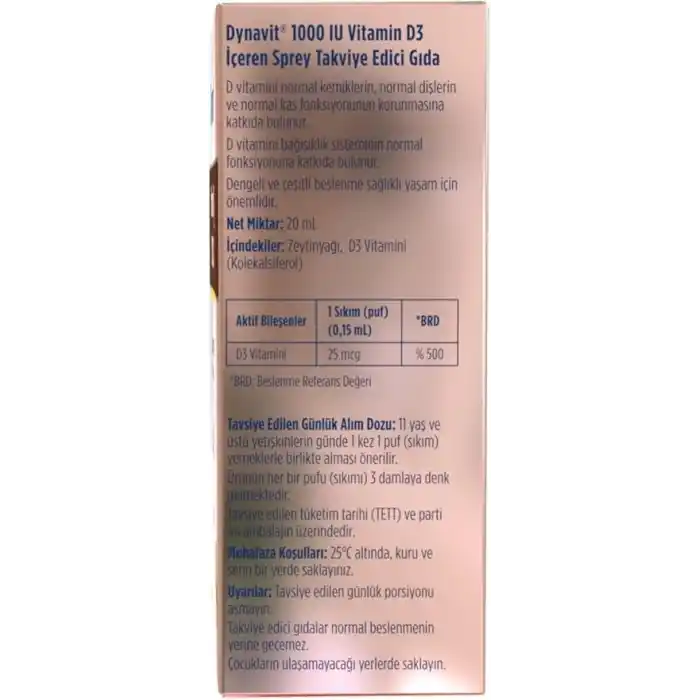 Dynavit Vitamin D3 1000 IU (25mcg) 20 mL Sprey - Bağışıklık & Kas & Kemik - D3 Vitamini