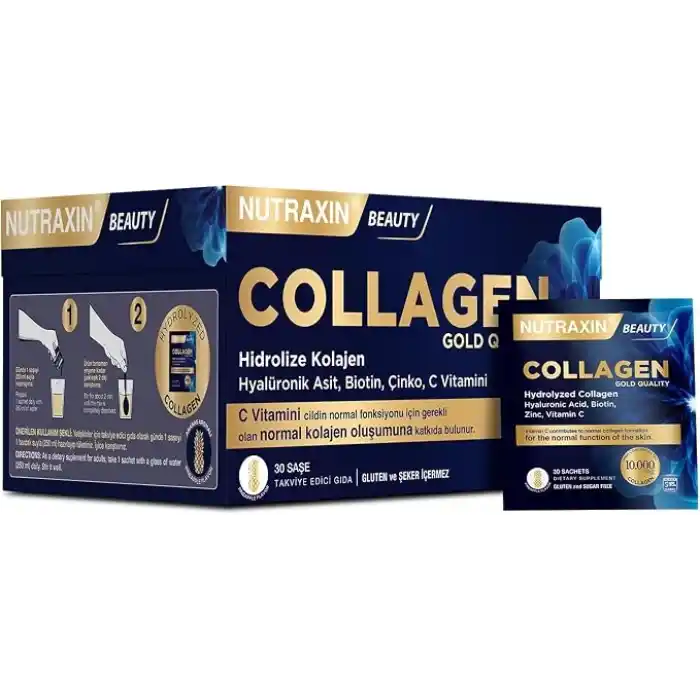 Nutraxin Beauty Gold Collagen C Vitamini, Hyalüronik Asit, Kolajen Takviye Edici Gıda (1 x 30 adet)