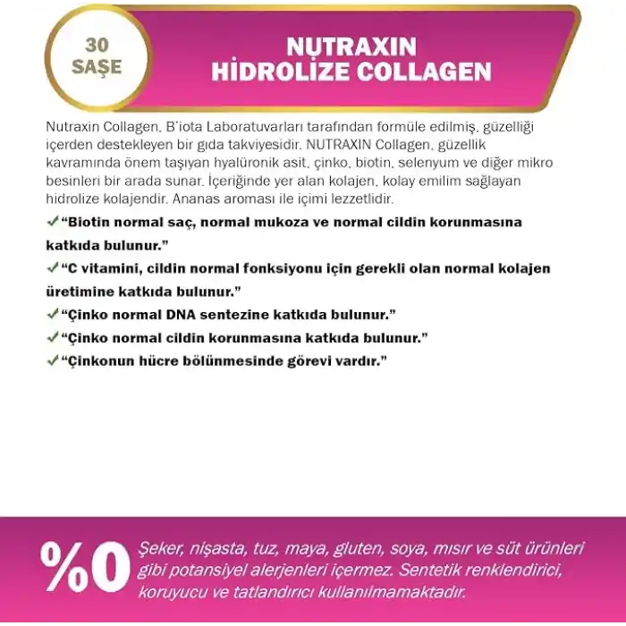 Nutraxin Beauty Gold Collagen C Vitamini, Hyalüronik Asit, Kolajen Takviye Edici Gıda (1 x 30 adet)