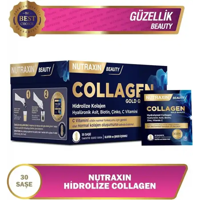 Nutraxin Beauty Gold Collagen C Vitamini, Hyalüronik Asit, Kolajen Takviye Edici Gıda (1 x 30 adet)