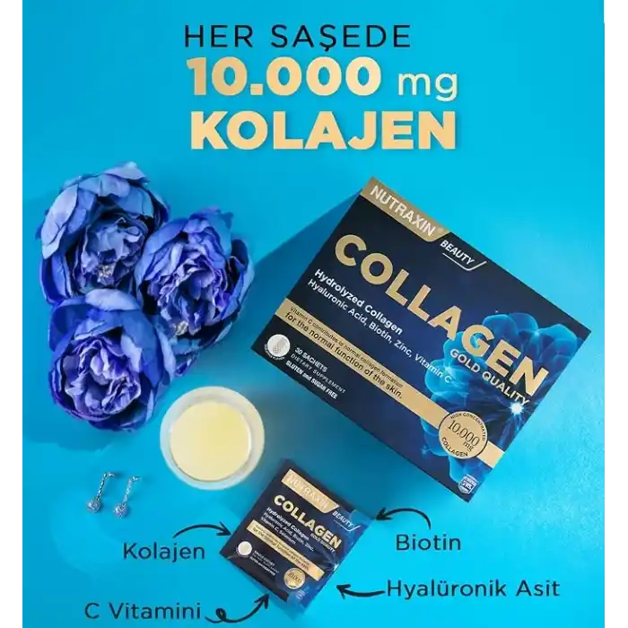 Nutraxin Beauty Gold Collagen C Vitamini, Hyalüronik Asit, Kolajen Takviye Edici Gıda (1 x 30 adet)