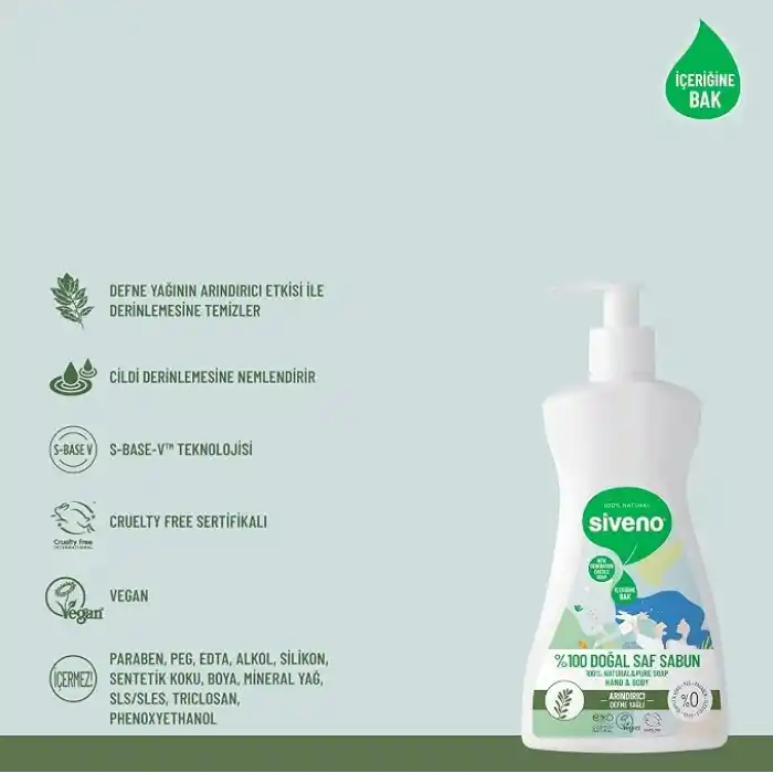 Siveno%100 Doğal Sıvı Kastil Sabun Defne Yağlı Yoğun Nemlendirici Arındırıcı Bitkisel Vegan 300 ml