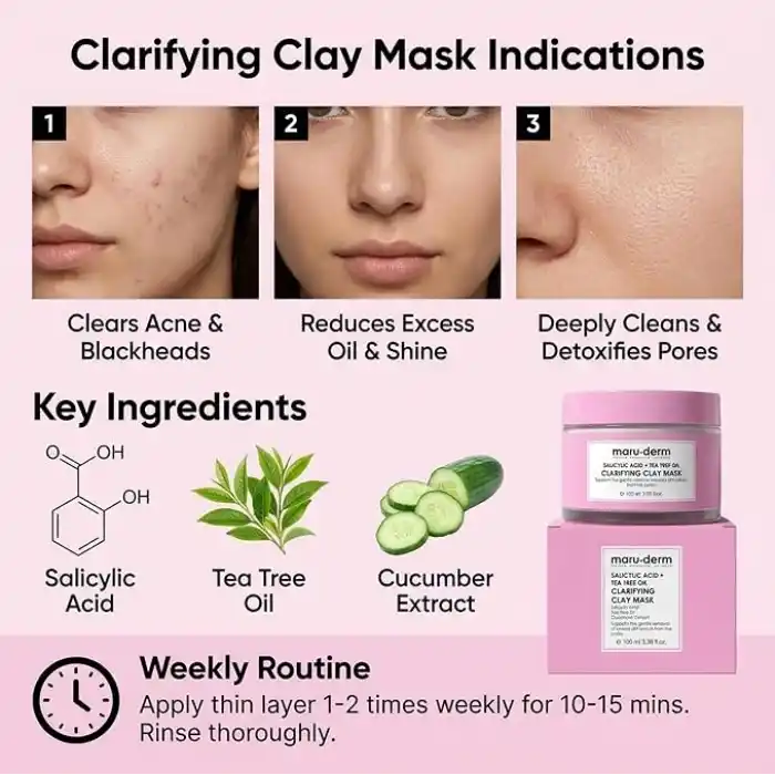 Maruderm Salisilik Asit + Çay Ağacı Yağı Kil Maskesi – Siyah Nokta ve Gözenek Görünümü Karşıtı Arındırıcı Vegan Yüz Maskesi, 100 ML