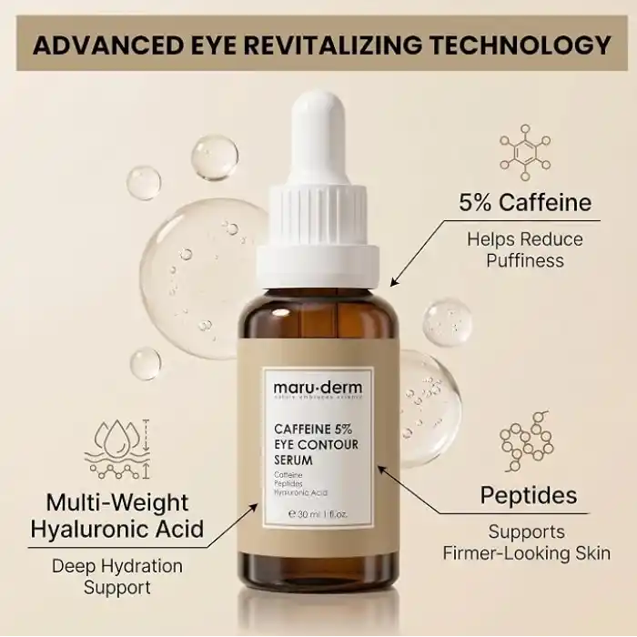 Maruderm%5 Kafein + Peptit + Hyalüronik Asit Göz Çevresi Serumu – Şişkinlik ve Koyu Halka Görünümüne Karşı Canlandırıcı Göz Kontur Bakımı, 30 ML