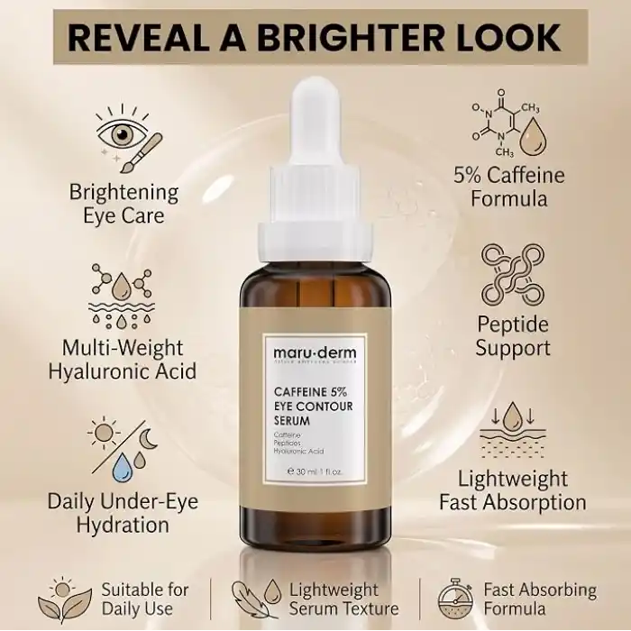Maruderm%5 Kafein + Peptit + Hyalüronik Asit Göz Çevresi Serumu – Şişkinlik ve Koyu Halka Görünümüne Karşı Canlandırıcı Göz Kontur Bakımı, 30 ML