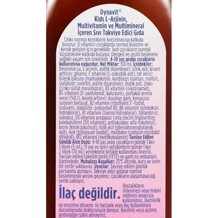 Dynavit Kids Arjikid Multi Şurup 150 mL - Büyüme & Kemik Gelişimi - Çocuk için L-Arjinin, vitamin & mineral