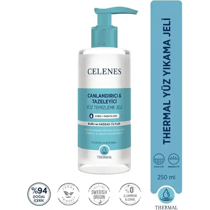 Celenes Nemlendirici Ve Canlandırıcı Thermal Yüz Temizleme Jeli Kuru Ve Hassas Ciltler 250 ml, 7350104248116