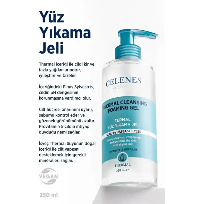 Celenes Nemlendirici Ve Canlandırıcı Thermal Yüz Temizleme Jeli Kuru Ve Hassas Ciltler 250 ml, 7350104248116