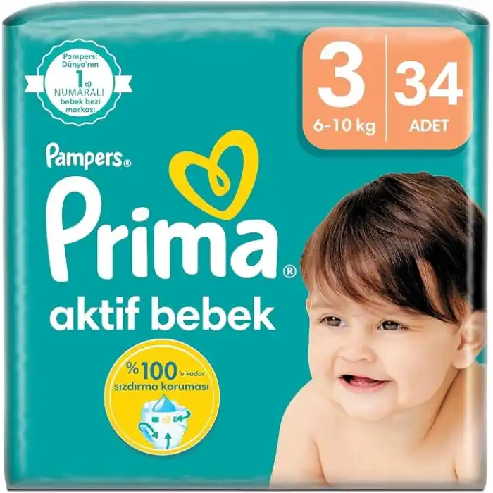 Prima Bebek Bezi Aktif Bebek 3 Beden 34 Adet Standart Paket