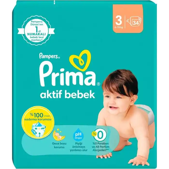 Prima Bebek Bezi Aktif Bebek 3 Beden 34 Adet Standart Paket