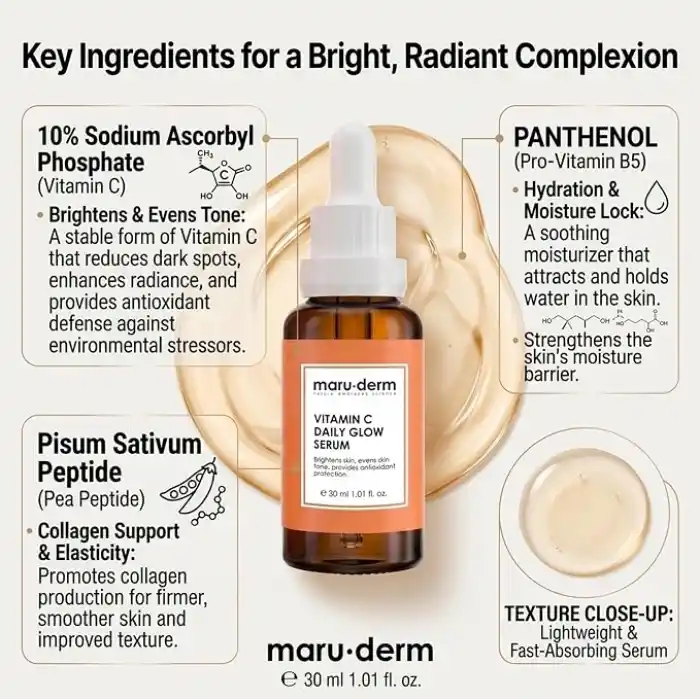 Maruderm C Vitamini ve Peptit Aydınlatıcı Cilt Bakım Serumu – Canlılık ve Ton Eşitliği Görünümü Destekleyici Yüz Serumu,%10 Sodyum Askorbil Fosfat ile, 30 ML