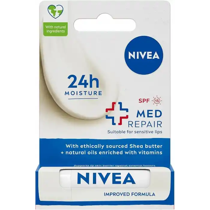 NIVEA Med Repair Dudak Bakım Kremi, 24 Saat Nem,Doğal Yağlar ile Çatlamış Dudak Bakım,SPF 15 (4,8 ml)