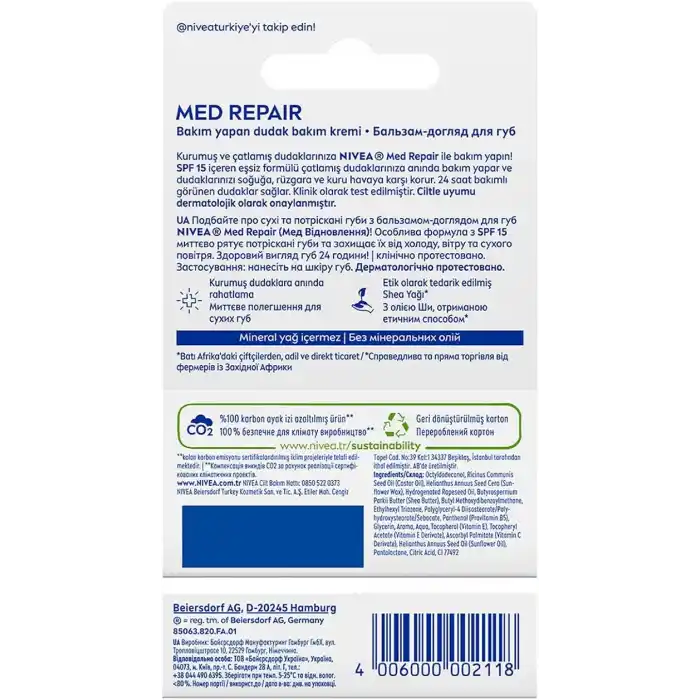 NIVEA Med Repair Dudak Bakım Kremi, 24 Saat Nem,Doğal Yağlar ile Çatlamış Dudak Bakım,SPF 15 (4,8 ml)
