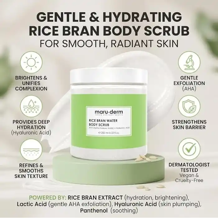 Maruderm Pirinç Suyu Vücut Peelingi – AHA & Hyalüronik Asit ile Arındırıcı ve Yoğun Nemlendirici Peeling, Shea Yağı ile, 250 ML