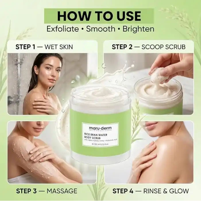 Maruderm Pirinç Suyu Vücut Peelingi – AHA & Hyalüronik Asit ile Arındırıcı ve Yoğun Nemlendirici Peeling, Shea Yağı ile, 250 ML
