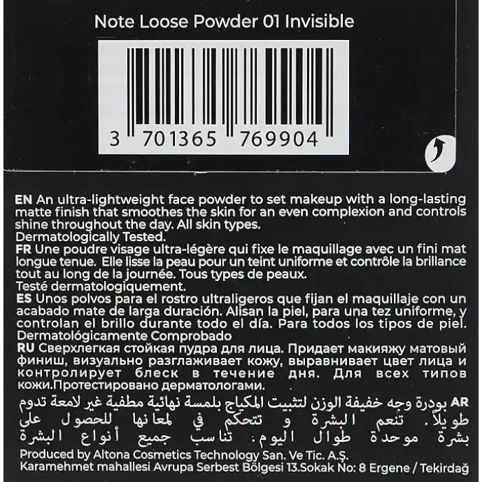 Note Cosmetics Loose Powder 01 Invisible Makyaj Sabitleyici Matlaştırıcı Toz Pudra