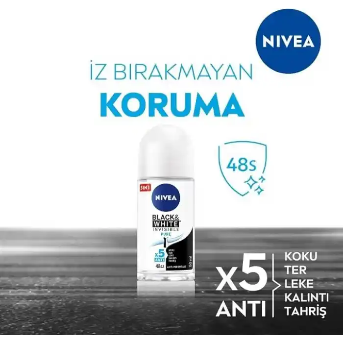 NIVEA Kadın Roll On Deodorant Black & White Invisible Pure 48 Saat Anti-perspirant Koruma (50 ml)