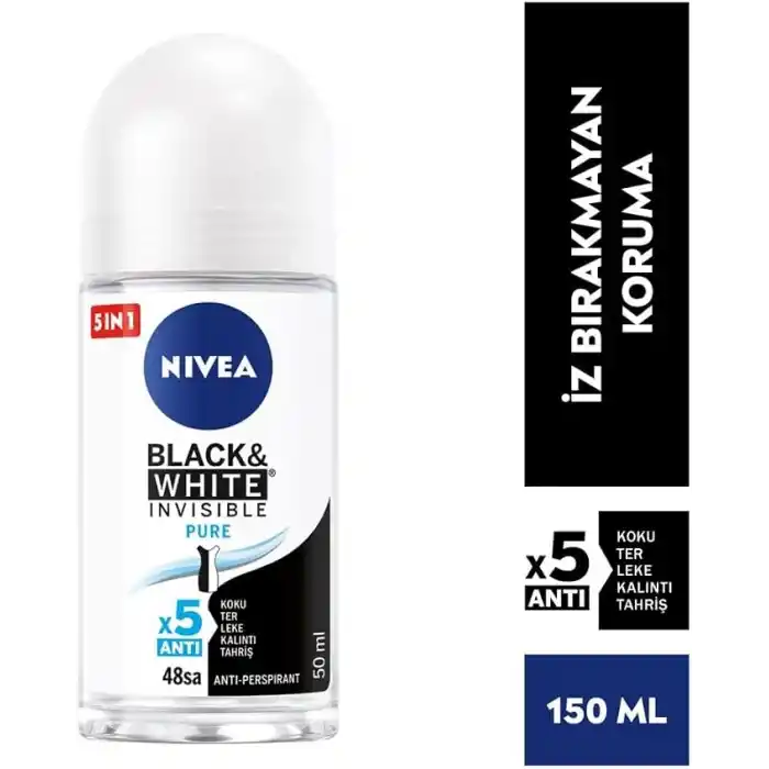 NIVEA Kadın Roll On Deodorant Black & White Invisible Pure 48 Saat Anti-perspirant Koruma (50 ml)